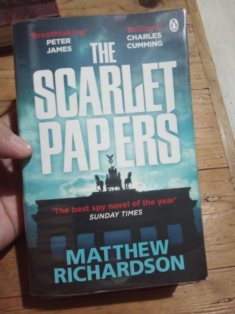 The Scarlet Papers by Matthew Richardson (Category: Storybooks) located in Pasig City. Submitted by teebeedeee (Listing ID 1414552836, Image 1). Description: - The Scarlet Papers by Matthew Richardson - Spy novel - Paperback edition - Setting: Modern-day London - Features quotes from Peter James, Charles Cumming, and the Sunday Times preowned authentic softcover copy complete pages plastic covered.pages have slightly yellowed due to storage and n
