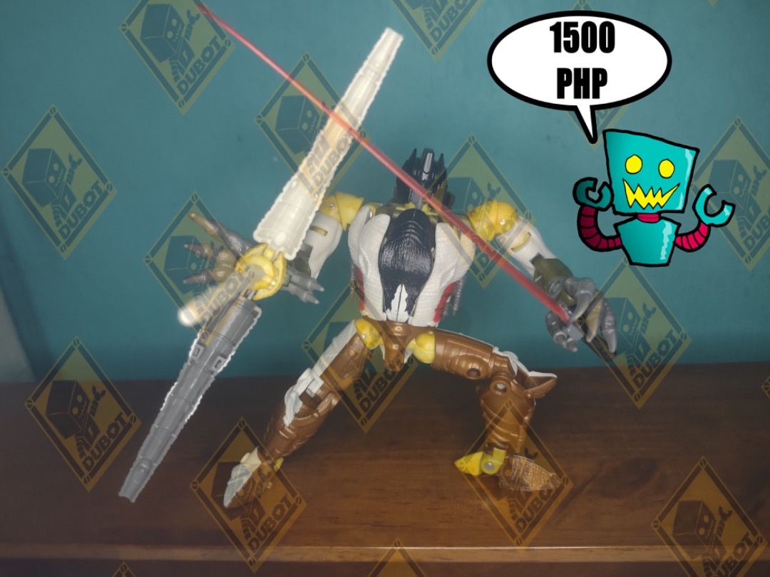 TRANSFORMERS KINGDOM BEAST WARS GRIMLOCK VOYAGER CLASS (Category: Action & Battle Toys) located in Navotas City. Submitted by christianmarkvidallo (Listing ID 1414541857, Image 1). Description: TRANSFORMERS KINGDOM BEAST WARS GRIMLOCK VOYAGER CLASS Figure is in very good condition No broken or glue parts HEAVILY YELLOWED PARTS Complete with Tail and Sword Tight joints NO BOX AND MANUAL FREE ENERGON SWORD 1500 PHP Item Location: Project 8, Quezon 