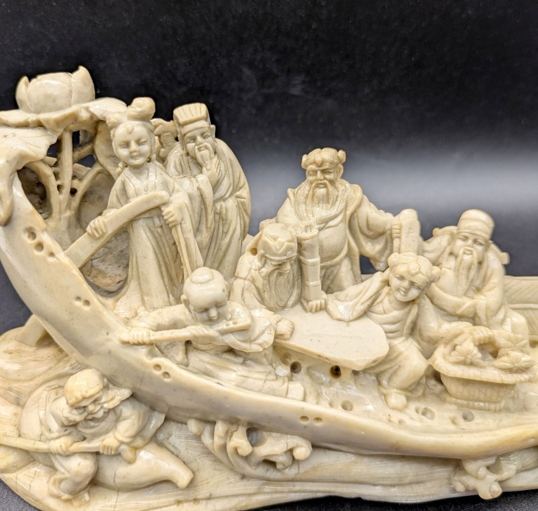 Vintage Chinese hand carved soapstone sculpture 8 immotals on boat c ...