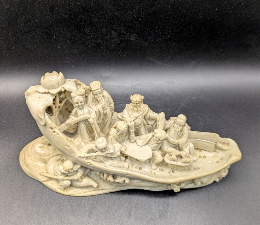 Vintage Chinese hand carved soapstone sculpture 8 immotals on boat c ...