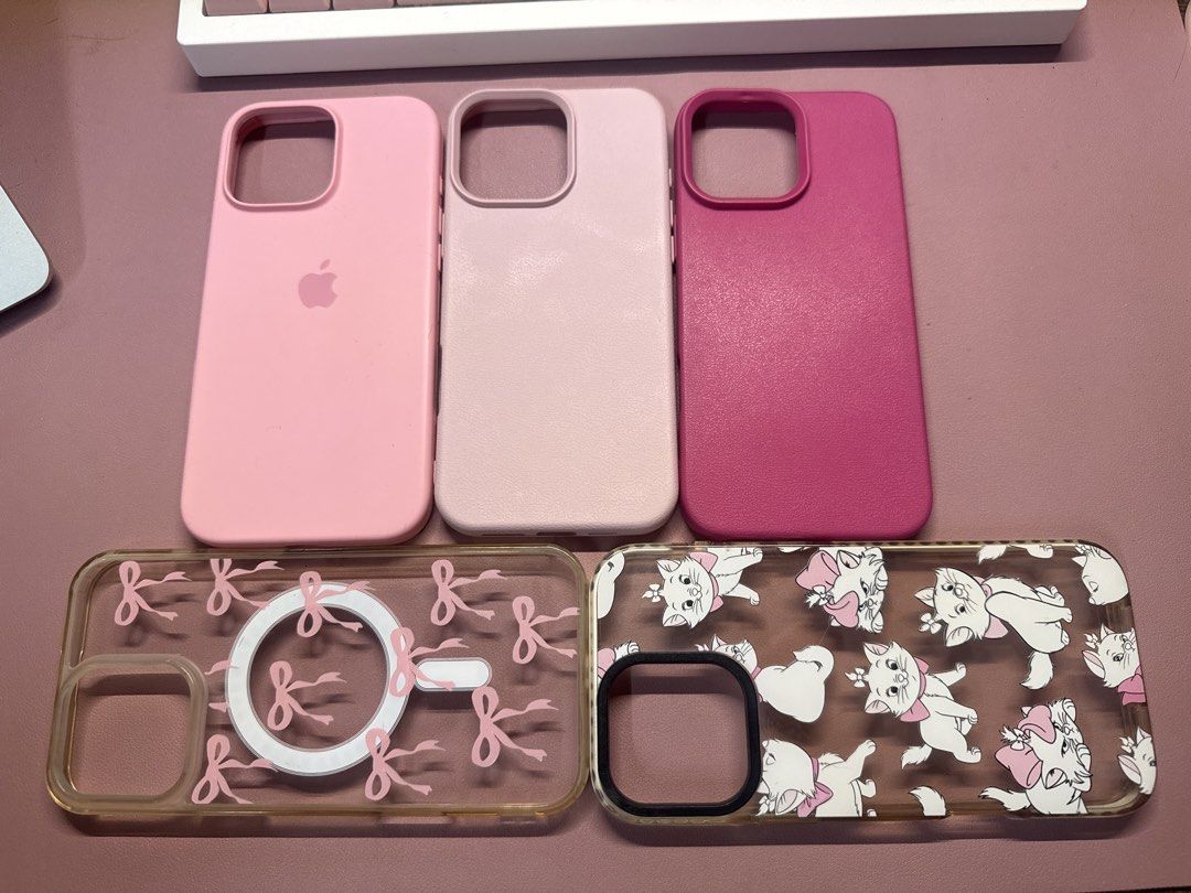 16 Pro max Preloved phone Cases - send offers (Category: Cases & Sleeves) located in General Mariano Alvarez. Submitted by naoribear (Listing ID 1465281477, Image 1). Description: Take all only! Send offers. Message to see more photos/vids Condition of each case: • Apple silicone - like new, never used • light pink “leather” look case - very slight dent at the camera button (see photo) • dark pink “leather” look case - used 3x max • pink bow mags