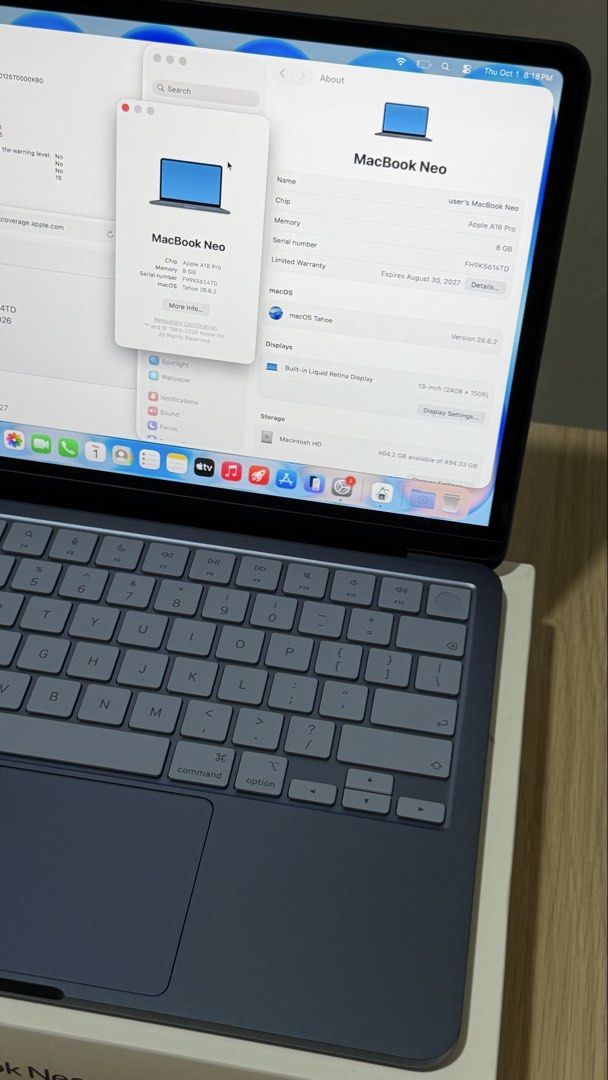 2 cycle count MacBook Neo 512GB (Opened to test only) (Category: Laptops & Notebooks) located in Pasig City. Submitted by jimuelradaaa (Listing ID 1465322972, Image 3). Description: ‼️Check 2nd pic for faster reply‼️ 💻 MacBook Neo Indigo 8GB/512GB 🔋 100% Battery | 2 Cycle Count ✨ Brand new condition — opened to test only 🧾 Purchased at Digital Walker Robinsons Manila 📅 Purchased August 31, 2026 🛡️ Warranty until August 30, 2027 ₱44,990 only 