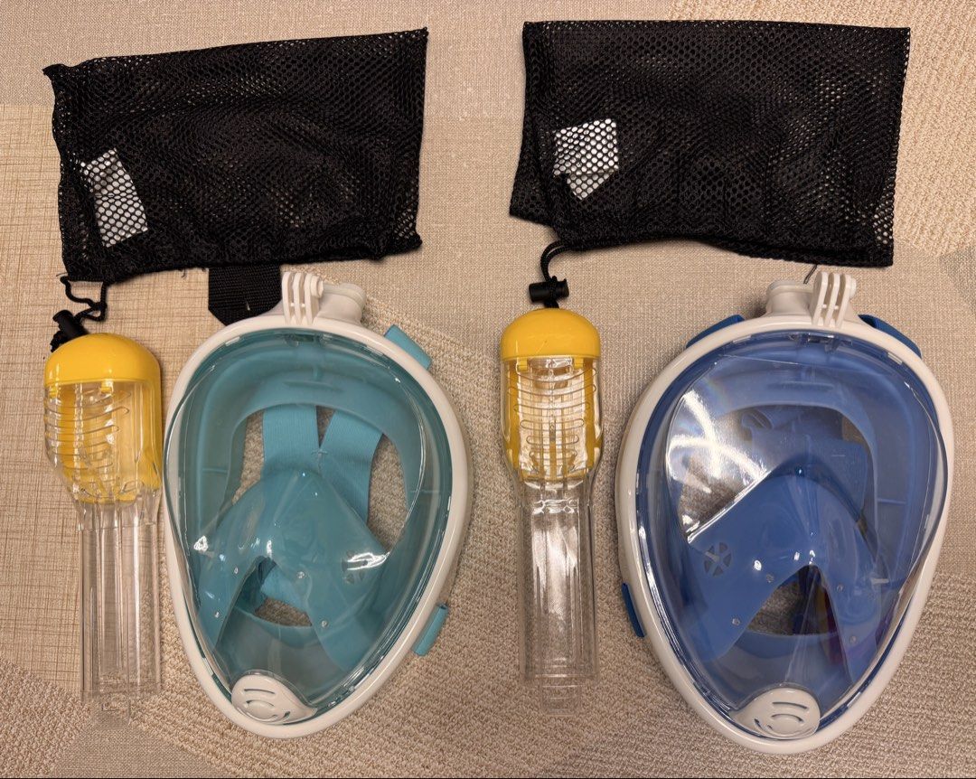 2x 兒童全罩式浮潛面罩 2 套 Children Full face snorkeling masks with dry top snorkels （分類：運動與體育 - 水上活動）位於 Hong Kong。 由 fire.dragoness 提交（商品編號 1465334131，圖片 1）。簡介： 2x 兒童全罩式浮潛面罩 2 套 Two full face snorkeling masks ready for your next beach trip. One light blue, one royal blue. Both include detachable clear snorkels with yellow top valves and black mesh carry bags. Full view panoramic lenses, adjustable elastic straps. Great gear for summer holidays, island hop