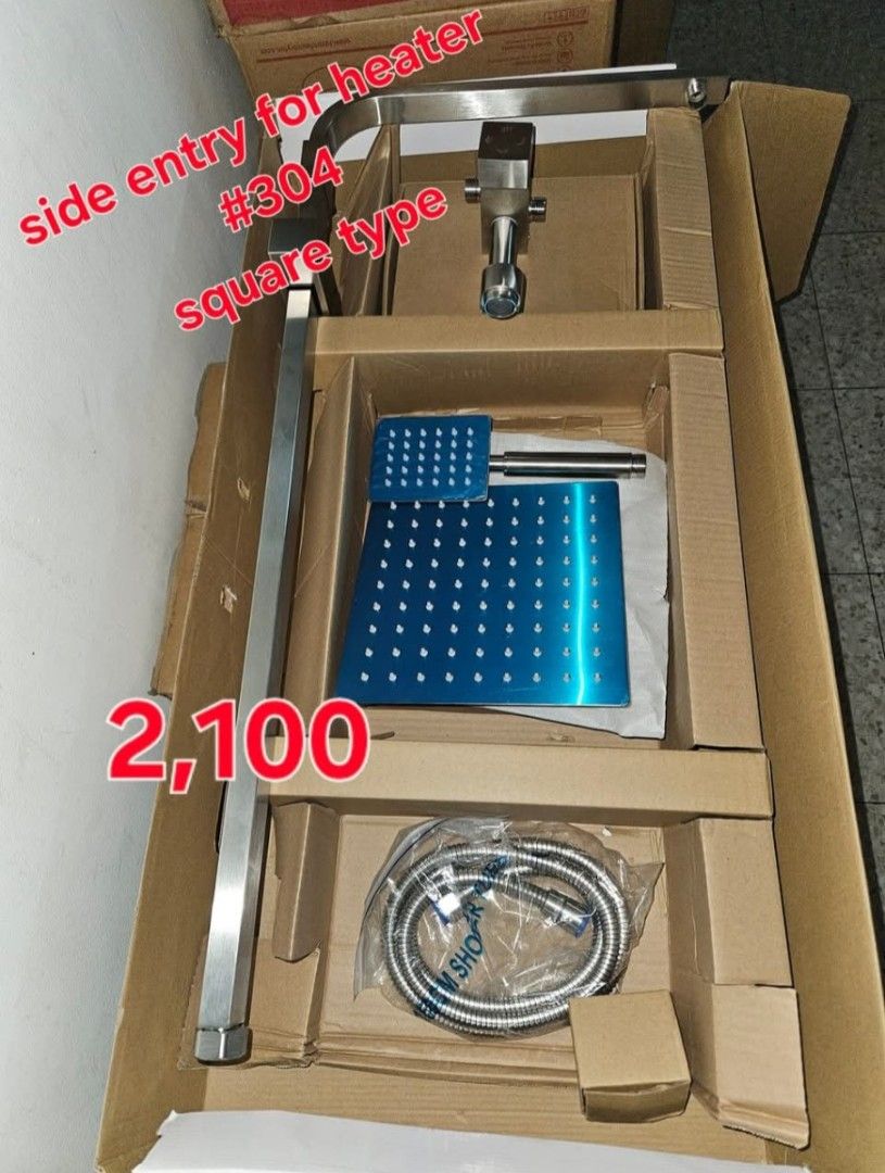 304 STAINLESS SHOWER SET (Category: Water Heater & Instant Showers) located in Manila. Submitted by roandelro (Listing ID 1465332162, Image 2). Description: 304 STAINLESS SHOWER SET Features: Hot and cold water mixer valve, round rain shower head, flexible hose, and fittings.