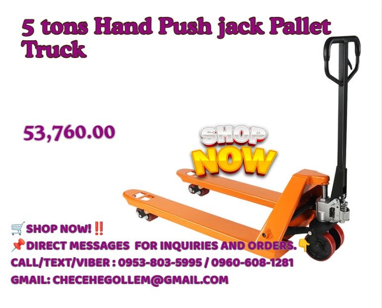5 tons Hand Push jack Pallet Truck (Category: Home Improvement Tools & Accessories) located in Caloocan City. Submitted by 09263834248 (Listing ID 1465210412, Image 1). Description: ●Load Capacity : 5000kg ●Max Lifting Height : 200mm ●Pallet fork down length : 85mm ●Fork ground clearance: 1100mm ●Fork inside/outside width : 230/550mm ●Big wheel :180*50mm ●Wheel material : nylon ●Self weight : 100kg .