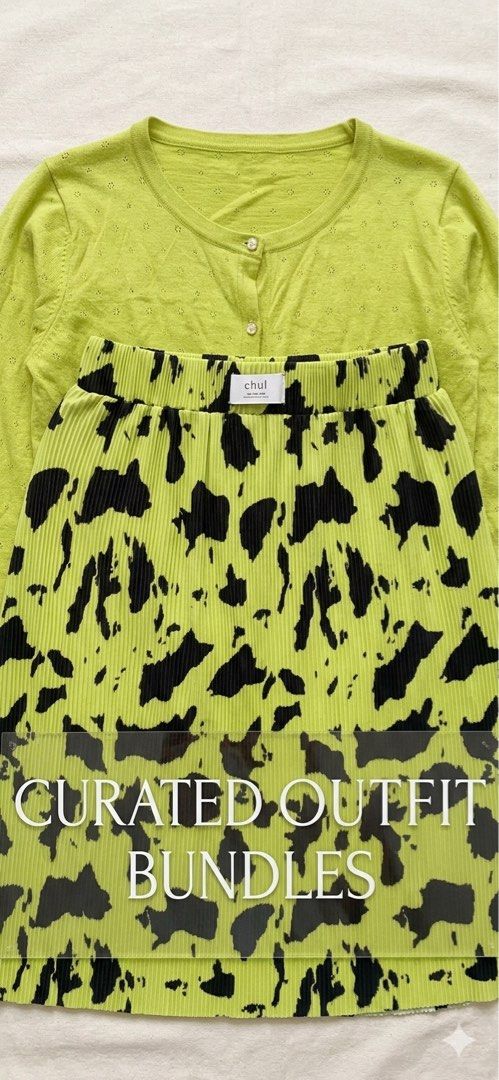 💚 Lime Vibes Bundle 💚 (Category: Sets or Coordinates) located in Quezon City. Submitted by luvkobagsnshoes (Listing ID 1465339486, Image 1). Description: Chul Lime Green & Black Cow Print Plissé Skirt + Chartreuse Eyelet Knit Cardigan 2-Piece Set.