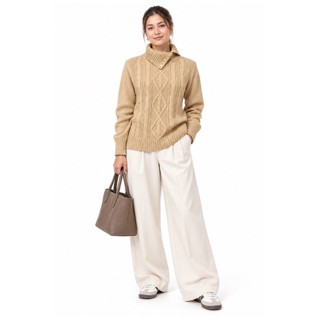 AC*BEE Japan Cable Knit Button Collar Sweater Beige Medium–Semi Large (Category: Longsleeves) located in San Jose del Monte. Submitted by vanessabarredo (Listing ID 1465365338, Image 2). Description: BRAND: AC*BEE NEW / UNUSED From Japan 🇯🇵 Beautiful warm beige cable-knit sweater featuring a distinctive asymmetrical buttoned high collar. Classic, cozy silhouette with a subtle Japanese vintage/preppy feel. * 100% Acrylic * Cable knit front * But