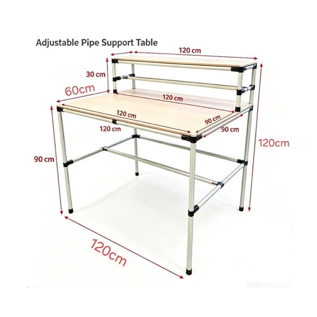 Adjustable Pipe Support Table Workstation with Riser Shelf (Category: Tables & Sets) located in Puchong. Submitted by furniturebargain (Listing ID 1465199801, Image 1). Description: - Style: Industrial design with light wood-tone surfaces and a sturdy metal pipe frame - Dimensions: 120cm (W) x 60cm (D) x 90cm (Desk Height) | Total Height with Top Shelf: 120cm - Features: Built-in upper tier shelf and adjustable pipe supports - Versatile Use: Idea