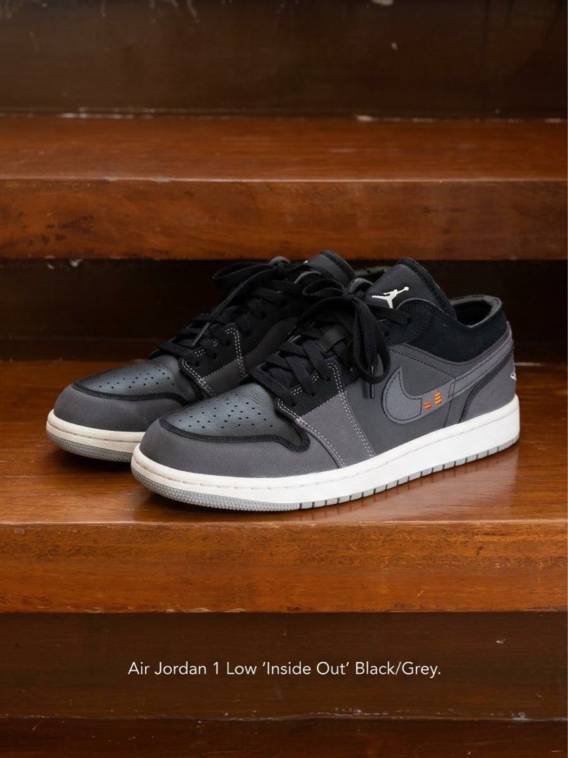 Air Jordan 1 Low Inside Out Black Grey (Category: Sneakers) located in Pulilan. Submitted by sebastian28 (Listing ID 1465318442, Image 1). Description: Air Jordan 1 Low Inside Out in black and grey colourway. Size US 9.5, EUR 43. Unique deconstructed design with exposed foam collars and contrast stitching. Suede and leather upper materials. Worn a few times, soles still have plenty of grip left. Clean inside and out. Comfortable daily rotation sn