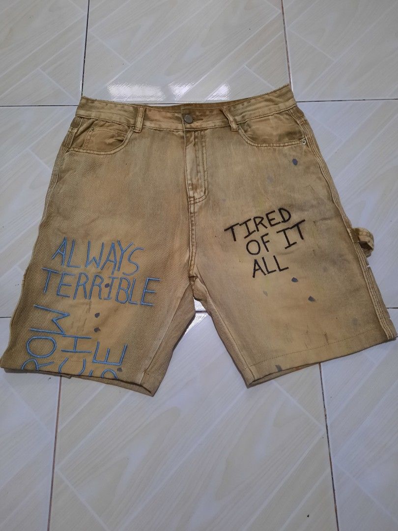 altered carpenter jorts (Category: Shorts) located in Tarlac. Submitted by thryftstash (Listing ID 1465381552, Image 1). Description: dimes: 32 - 19.5 - 9.5 issue: none (those paint splash are intentional because its customised) sf not included tarlac loc j&t and lbc courier.