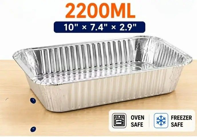ALUMINUM FOIL TRAY (Category: Bakeware) located in Manila. Submitted by athennaalampayan (Listing ID 1465205009, Image 2). Description: Disposable aluminum foil pans available in four sizes ranging from 2200ML to 4300ML. Dimensions include 10" x 7.4" x 2.9", 12.4" x 8" x 2", 12.5" x 10.2" x 2.5", and 14.4" x 10.4" x 2.7". Oven safe and freezer safe for baking, meal prep, and food storage. Durable material handles heavy portions easily..