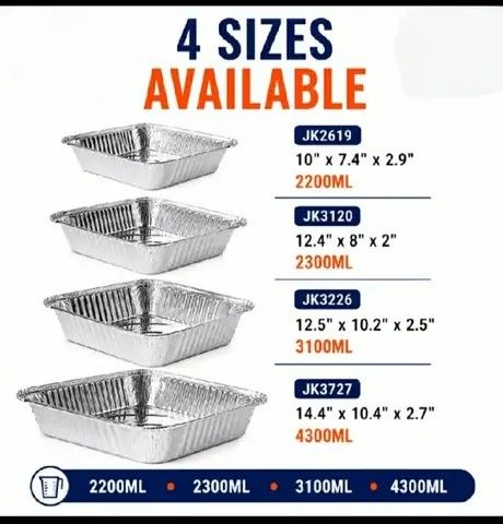 ALUMINUM FOIL TRAY (Category: Bakeware) located in Manila. Submitted by athennaalampayan (Listing ID 1465205009, Image 1). Description: Disposable aluminum foil pans available in four sizes ranging from 2200ML to 4300ML. Dimensions include 10" x 7.4" x 2.9", 12.4" x 8" x 2", 12.5" x 10.2" x 2.5", and 14.4" x 10.4" x 2.7". Oven safe and freezer safe for baking, meal prep, and food storage. Durable material handles heavy portions easily..