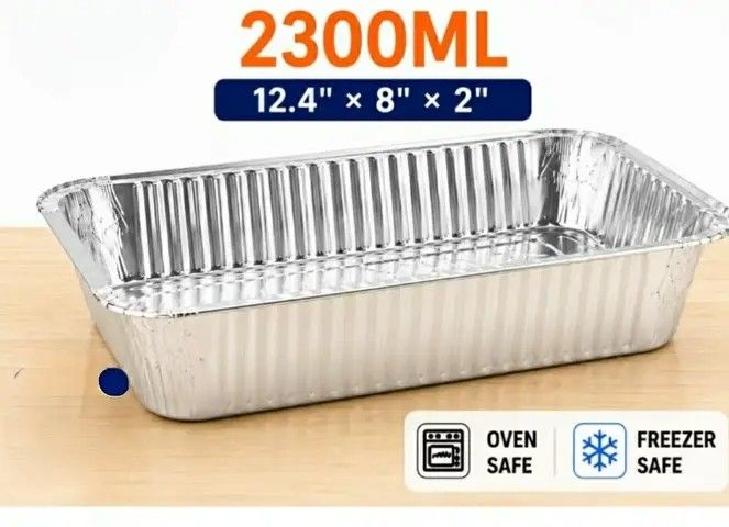 ALUMINUM FOIL TRAY (Category: Bakeware) located in Manila. Submitted by athennaalampayan (Listing ID 1465205009, Image 3). Description: Disposable aluminum foil pans available in four sizes ranging from 2200ML to 4300ML. Dimensions include 10" x 7.4" x 2.9", 12.4" x 8" x 2", 12.5" x 10.2" x 2.5", and 14.4" x 10.4" x 2.7". Oven safe and freezer safe for baking, meal prep, and food storage. Durable material handles heavy portions easily..