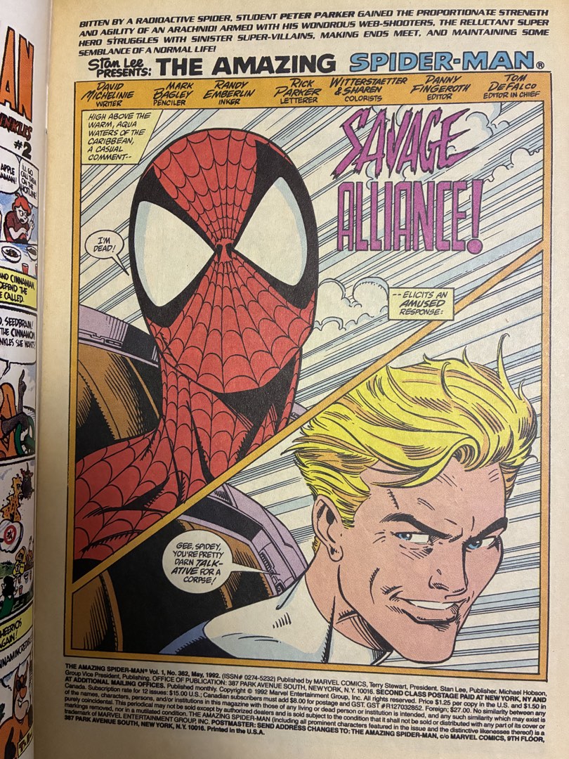 Amazing Spider-Man #362 (Carnage Pt. 2) (Category: Comics & Manga) located in General Mariano Alvarez. Submitted by spiderwebs3 (Listing ID 1465337552, Image 2). Description: The Amazing Spider-Man #362 - Release Date: May 1992 (Marvel Comics) Carnage Part 2 - Written by David Michelinie, art by Mark Bagley - Condition: Fine- (off-white pages, intact glossy cover, small stresses) Bag and Boarded .