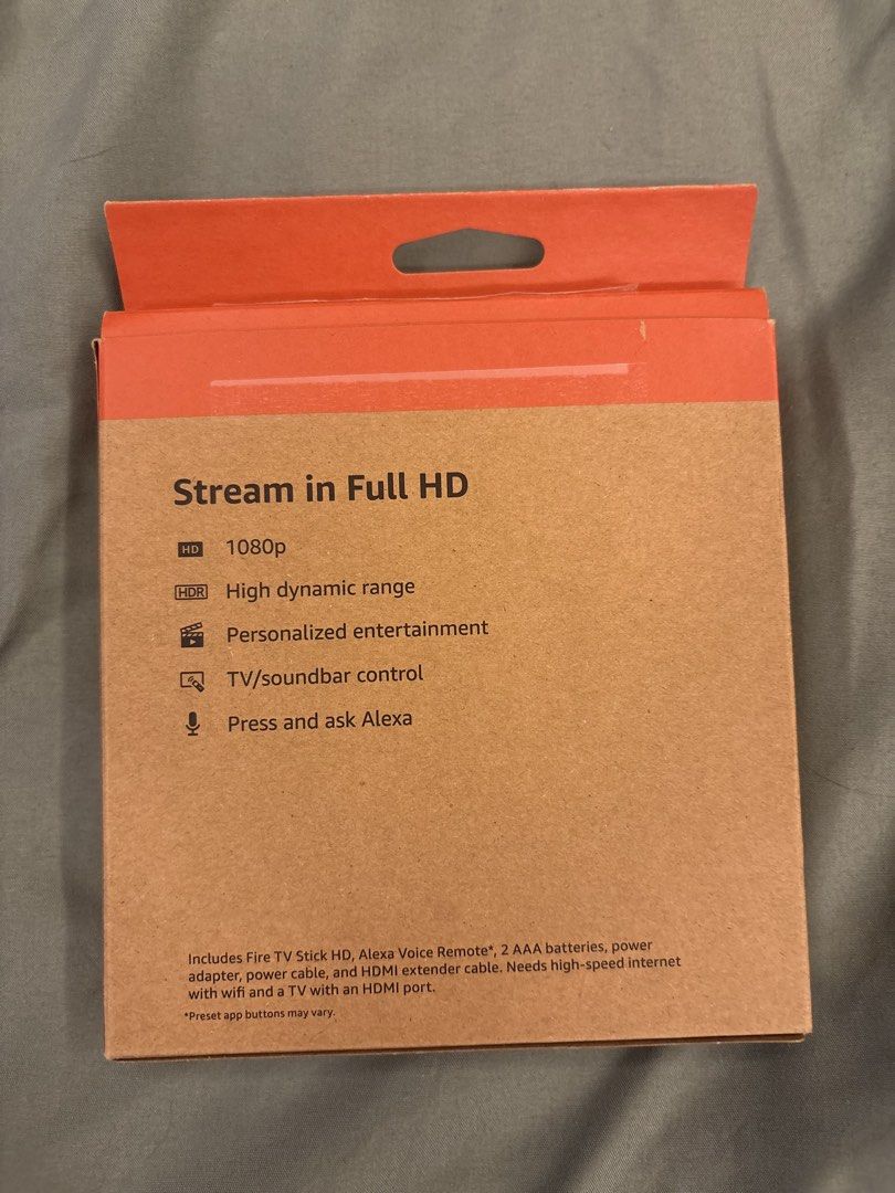 Amazon Fire TV Stick HD 8GB Wi-Fi 5 (Category: TV Parts & Accessories) located in Quezon City. Submitted by aguilartam12610 (Listing ID 1465254209, Image 2). Description: Amazon Fire TV Stick HD with 8GB storage and Wi-Fi 5 support. Streams in full 1080p with HDR. Includes Alexa Voice Remote, two AAA batteries, power adapter, power cable, and HDMI extender cable. Box is unopened and sealed. Quick way to get Netflix, Prime Video, Disney+, Apple TV