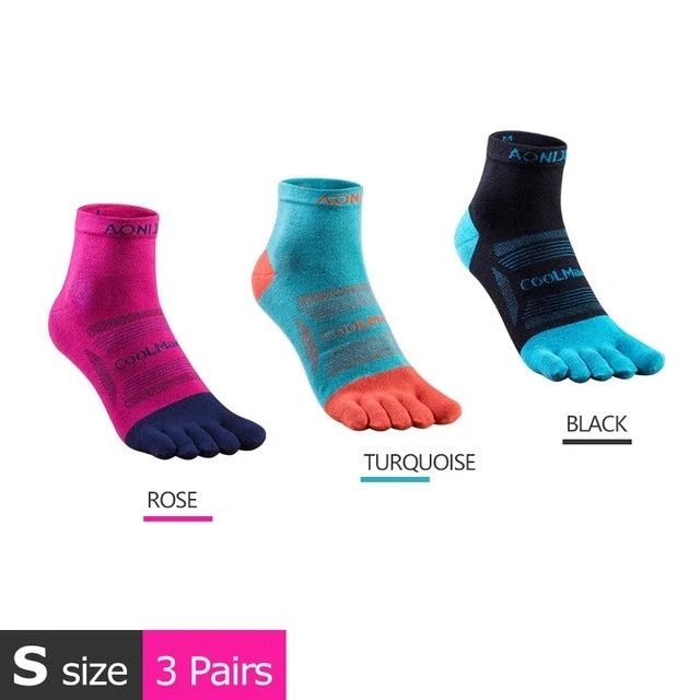 Aonijie E4802 COOL MAX TOE SOCKS (3 pairs)- SMALL (Category: Foot Care) located in Manila. Submitted by abot.ph.17846 (Listing ID 1465192477, Image 1). Description: - Model no.: E4802 - 70% Coolmax® / 27% Nylon / 3% Lycra® - 3 sizes: S, M, L - 4 colors: blue, turquoise, black rose - AONIJIE's five-toe patented design specifically for runners and hikers - Prevents blisters & hotspots while running - Ideal use for running, walking, and athletic act