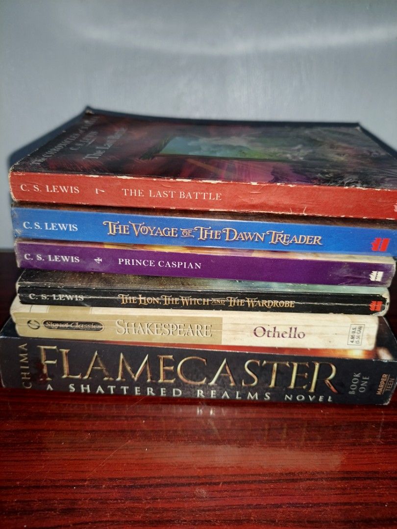Assorted Book Bundle CS Lewis Shakespeare Flamecaster Novels (Category: Storybooks) located in Paranaque City. Submitted by bdlgy (Listing ID 1465320406, Image 1). Description: - Bundle of 6 paperback books for fantasy and classic drama fans - Includes 4 Chronicles of Narnia titles by C.S. Lewis: The Last Battle, The Voyage of the Dawn Treader, Prince Caspian, and The Lion, The Witch and the Wardrobe - Includes Shakespeare's Othello (Signet Class