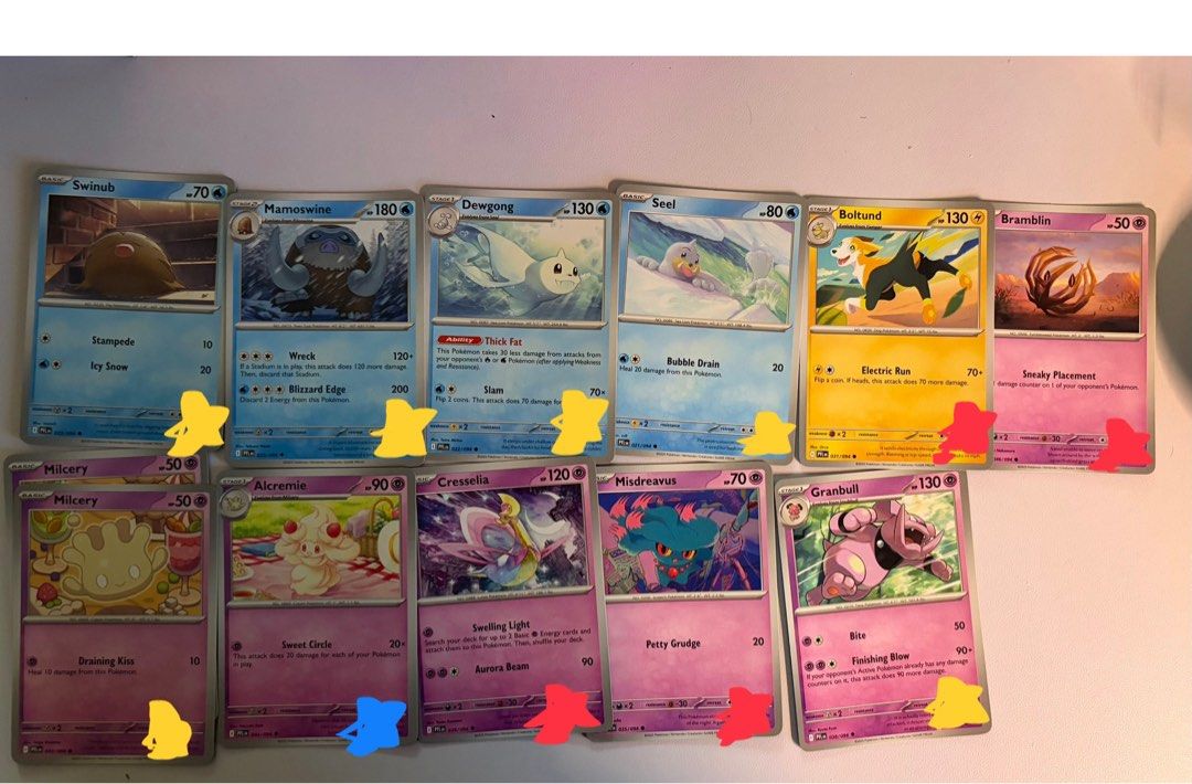 Assorted characters (Category: Raw Singles) located in Manila. Submitted by 940328 (Listing ID 1465244857, Image 2). Description: yellow 5php red 10php blue 15php tags: pokemon phantasmal flames pfl extra cards tcg bulk holofoil reverse rh trainer item tool.