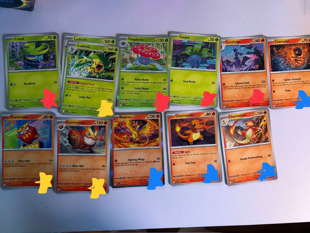 Assorted characters (Category: Raw Singles) located in Manila. Submitted by 940328 (Listing ID 1465244857, Image 1). Description: yellow 5php red 10php blue 15php tags: pokemon phantasmal flames pfl extra cards tcg bulk holofoil reverse rh trainer item tool.