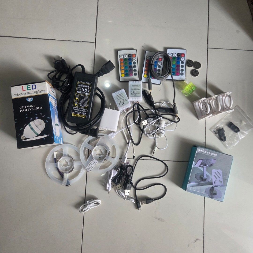 Assorted Electronics, Cables, LED Lights, and Metal Phone Stand (Category: Chargers & Cables) located in Manila. Submitted by buyselldeclutter (Listing ID 1465201796, Image 1). Description: .
