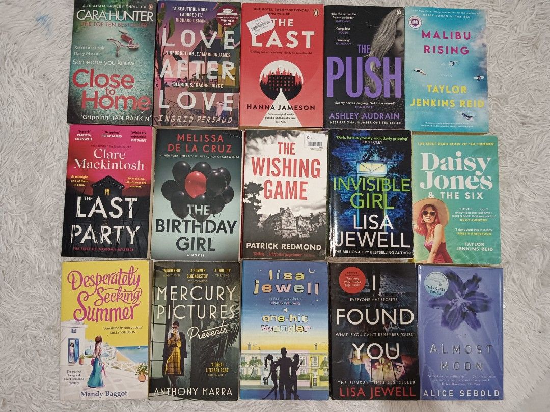 Assorted Fiction and Thriller Paperbacks (Category: Storybooks) located in Manila. Submitted by rosareads (Listing ID 1465241193, Image 1). Description: - Lot of 15 fiction and thriller paperbacks - Includes popular authors: Lisa Jewell, Taylor Jenkins Reid, Clare Mackintosh, and Alice Sebold - Genres: Mystery, drama, and contemporary stories - Ideal for weekend reading or book club picks - Price starts at 170-450.