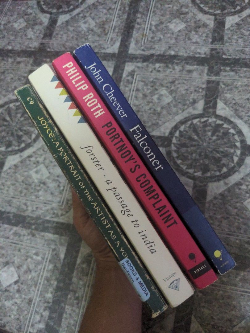 Assorted paperback bundle (Category: Storybooks) located in Baguio. Submitted by fosterthe (Listing ID 1465304953, Image 1). Description: Paperback Portrait of the Artist as a Young Man James Joyce, GC A Passage to India E. M. Forster, GC with flaw Portnoy's Complaint Philip Roth, VGC Falconer John Cheever, VGC Strictly sold as set only Last price posted GCASH/J&T.