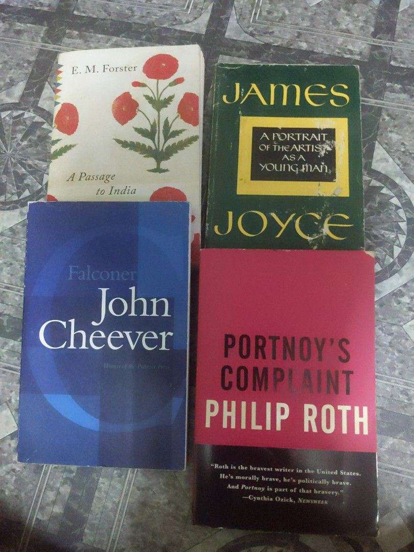 Assorted paperback bundle (Category: Storybooks) located in Baguio. Submitted by fosterthe (Listing ID 1465304953, Image 2). Description: Paperback Portrait of the Artist as a Young Man James Joyce, GC A Passage to India E. M. Forster, GC with flaw Portnoy's Complaint Philip Roth, VGC Falconer John Cheever, VGC Strictly sold as set only Last price posted GCASH/J&T.