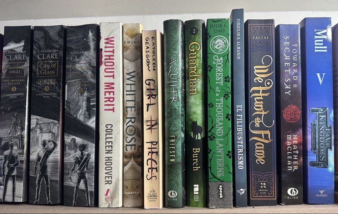 Assorted YA and Fantasy Fiction Novels (Category: Storybooks) located in Quezon City. Submitted by renzo__01 (Listing ID 1465246181, Image 1). Description: - Genre: Young Adult and Fantasy - Format: Mix of paperbacks and hardcovers - Featured Authors & Titles: Cassandra Clare series, Colleen Hoover (Without Merit), Kathleen Glasgow (Girl in Pieces), We Hunt the Flame, and Five Kingdoms - Condition: Clean spines and readable pages, well-maintained