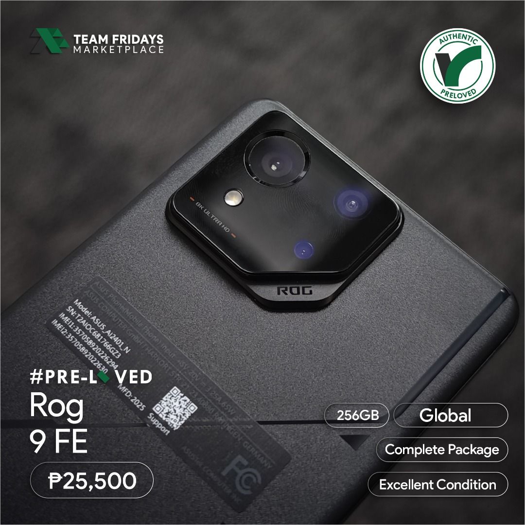 Asus Rog Phone 9 FE (Category: Asus) located in Quezon City. Submitted by teamfridaysmarketplace (Listing ID 1465181445, Image 2). Description: Asus Rog Phone 9 FE Openline both Sim 1 and Sim 2 SALE Price: Php25500 The unit is in excellent condition Warranty: 7 Days Money Back Guaranteed Package: complete standard package Description - 256GB - Global - Guaranteed No defects and NOT Refurbish!!! Globe: 09174994949 Instagram: teamfridaysmarketplace