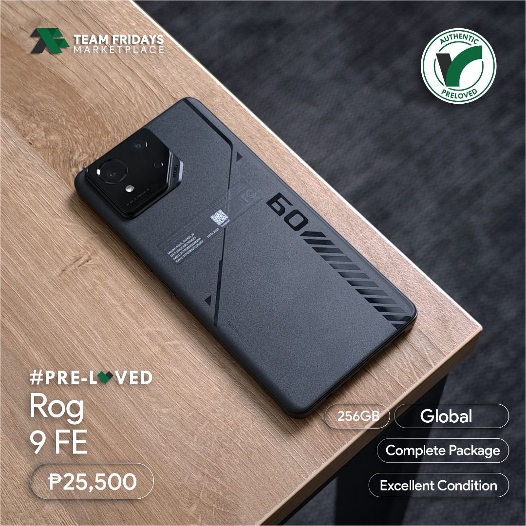 Asus Rog Phone 9 FE (Category: Asus) located in Quezon City. Submitted by teamfridaysmarketplace (Listing ID 1465181445, Image 1). Description: Asus Rog Phone 9 FE Openline both Sim 1 and Sim 2 SALE Price: Php25500 The unit is in excellent condition Warranty: 7 Days Money Back Guaranteed Package: complete standard package Description - 256GB - Global - Guaranteed No defects and NOT Refurbish!!! Globe: 09174994949 Instagram: teamfridaysmarketplace