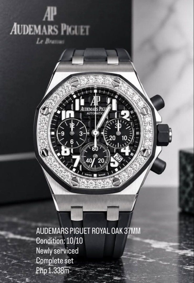 AUDEMARS PIGUET ROYAL OAK 37MM (Category: Luxury Watches) located in Taguig. Submitted by zhnprttys_on_ig (Listing ID 1465199977, Image 1). Description: •AUDEMARS PIGUET ROYAL OAK 37MM• Ref. 26048SK.ZZ.D002CA.01 💰 PRICE: ₱1,588,000 📌 DETAILS • Brand: Audemars Piguet • Model: Royal Oak • Reference: 26048SK.ZZ.D002CA.01 • Case Size: 37mm • Condition: 10/10 • Service: Newly serviced in Lucerne, Switzerland 🇨🇭 • Service Receipt: Included • Usage: