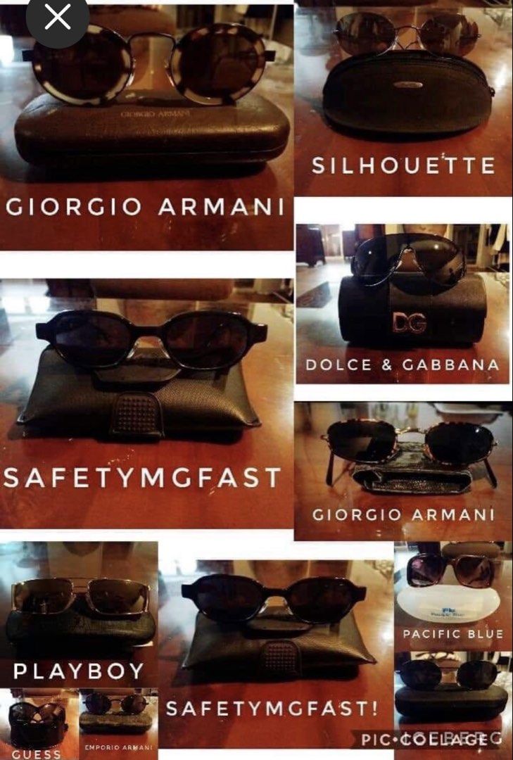 Authentic Designer Sunglasses Collection (Category: Sunglasses & Eyewear) located in Antipolo. Submitted by antipolocity (Listing ID 1465233354, Image 1). Description: Multiple luxury sunglasses available in this listing. Brands include Giorgio Armani, Silhouette, Dolce & Gabbana, Playboy, Mossimo, Ray-Ban, Prada, Bvlgari, Dior, Chloe, Arnet, Chanel, Gucci, Byblos, and Guess. Various styles, frames, and colored lenses. Hard cases included for pro