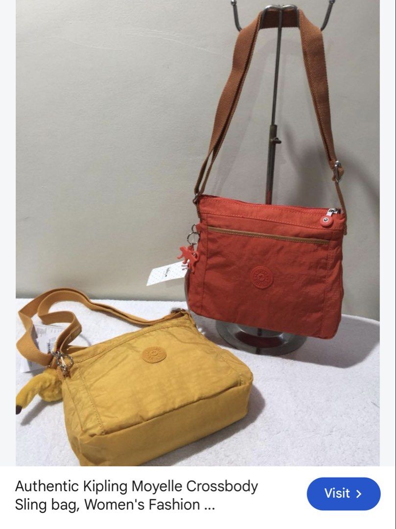 Authentic Kipling Moyelle Crossbody Sling Bag Orange (Category: Cross-body Bags) located in Manila. Submitted by esparciake75752 (Listing ID 1465305140, Image 1). Description: - Authentic Kipling crossbody bag in vibrant bright orange - Durable and lightweight nylon fabric with a roomy interior - Adjustable brown strap for comfortable wear - Secure top zip closure and front zipped pocket with tan piping - Includes the iconic matching orange monke