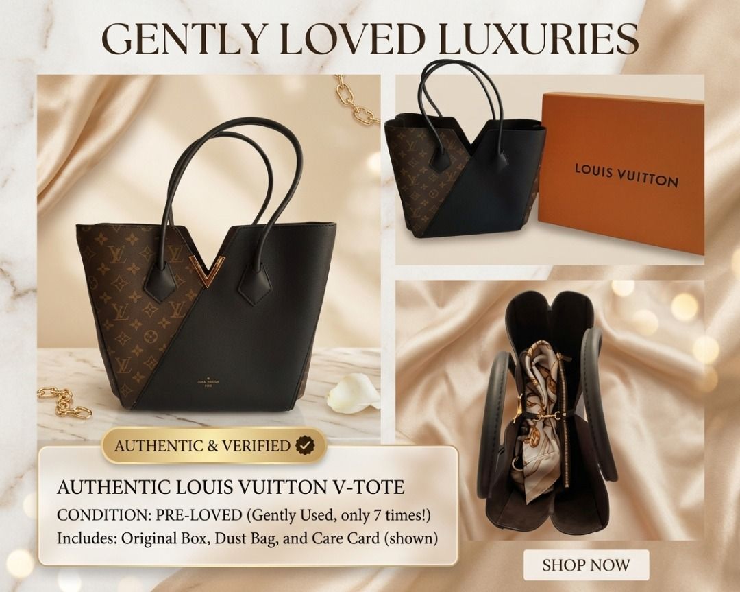 Authentic Louis Vuitton V-Tote Monogram Black (Category: Luxury Bags & Wallets) located in Manila. Submitted by tflancia (Listing ID 1465232154, Image 1). Description: - Authentic Louis Vuitton V-Tote handbag - Monogram canvas paired with sleek black leather panels and gold-tone hardware - Gently used, carried only 7 times and carefully stored - Spacious interior for daily essentials featuring a stylish patterned silk scarf - Includes original or
