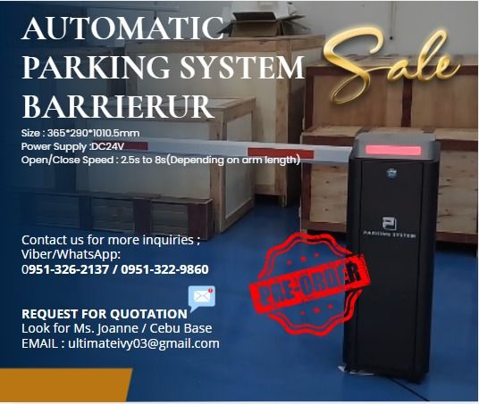 Automatic Parking System Barrier (Category: Everything Else Others) located in Caloocan City. Submitted by daceyjynne09404 (Listing ID 1465196333, Image 1). Description: Size : 365*290*1010.5mm Power Supply :DC24V Open/Close Speed : 2.5s to 8s(Depending on arm length) Working Temperature : -30°C~+70°C Rated Current : 8.58A Motor Power : 160W Motor No load Speed : 1850rpm Output Power : 56.8N.m Humidity : 90% Remote Control Distance : 100(open ,su