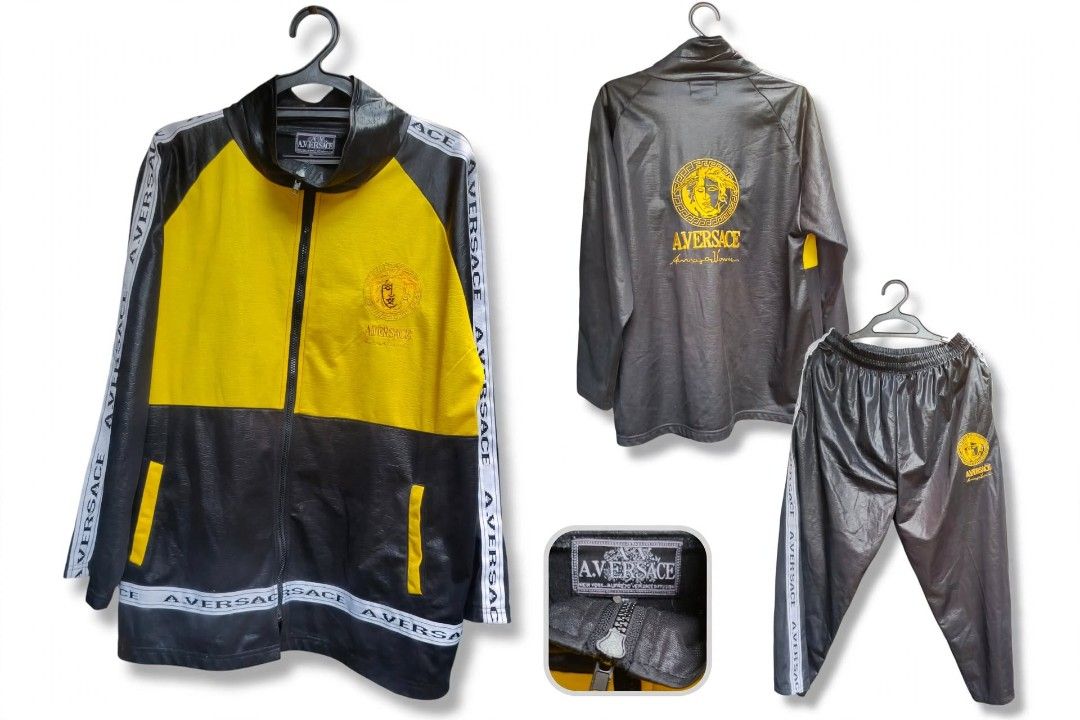 Aversace Black and Yellow Tracksuit Set (Category: Activewear) located in Navotas City. Submitted by footshutka.03 (Listing ID 1465196687, Image 1). Description: - Brand: Aversace New York (Alfredo Versace Diffusion) - Style: Matching black and yellow tracksuit set - Jacket: Full zip with pockets, bold branding down sleeves and across hem, large gold embroidered graphic on the back - Pants: Matching style with comfortable elastic waistband and la