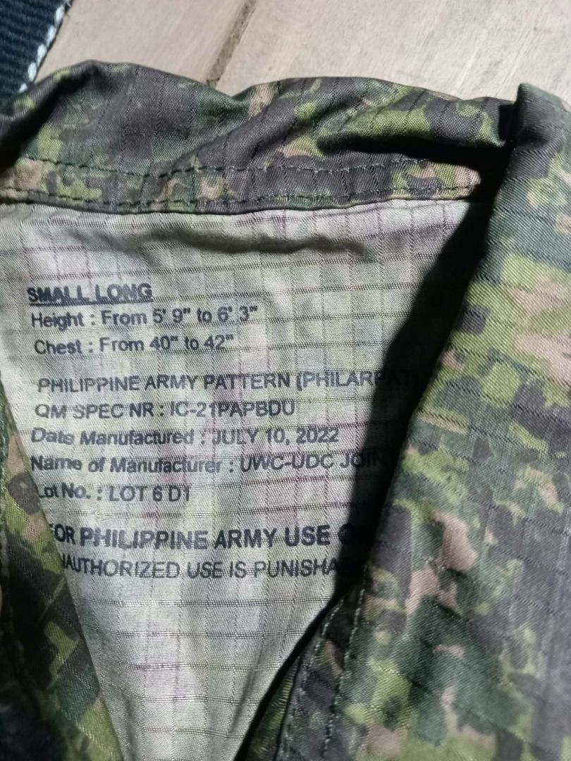 bdu army fatigue (Category: Activewear) located in Bulacan. Submitted by zenhawk.4a9b2e (Listing ID 1465356137, Image 1). Description: - Ideal for outdoor activities and tactical gear - Classic camouflage pattern.