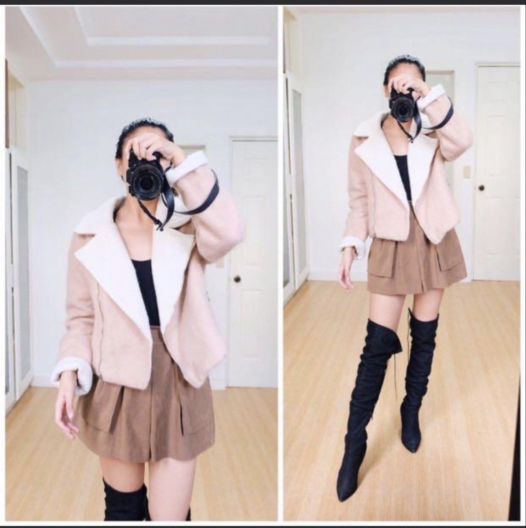 Beige Wool-Blend Autumn/Fall/Winter Jacket (Category: Coats, Jackets and Outerwear) located in Manila. Submitted by randomstuffiown (Listing ID 1465349241, Image 1). Description: - Brand: YML Fashion - Color/Material: Beige wool-blend with soft white fleece lining - Style: Cropped moto jacket with asymmetric front zipper and wide lapels - Pockets: Two front zippered pockets with stylish ring pulls - Condition: Worn only once, pristine condition -