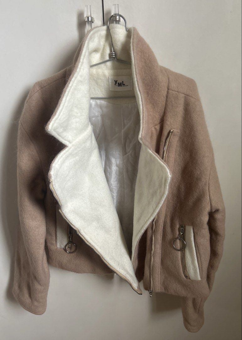 Beige Wool-Blend Autumn/Fall/Winter Jacket (Category: Coats, Jackets and Outerwear) located in Manila. Submitted by randomstuffiown (Listing ID 1465349241, Image 3). Description: - Brand: YML Fashion - Color/Material: Beige wool-blend with soft white fleece lining - Style: Cropped moto jacket with asymmetric front zipper and wide lapels - Pockets: Two front zippered pockets with stylish ring pulls - Condition: Worn only once, pristine condition -
