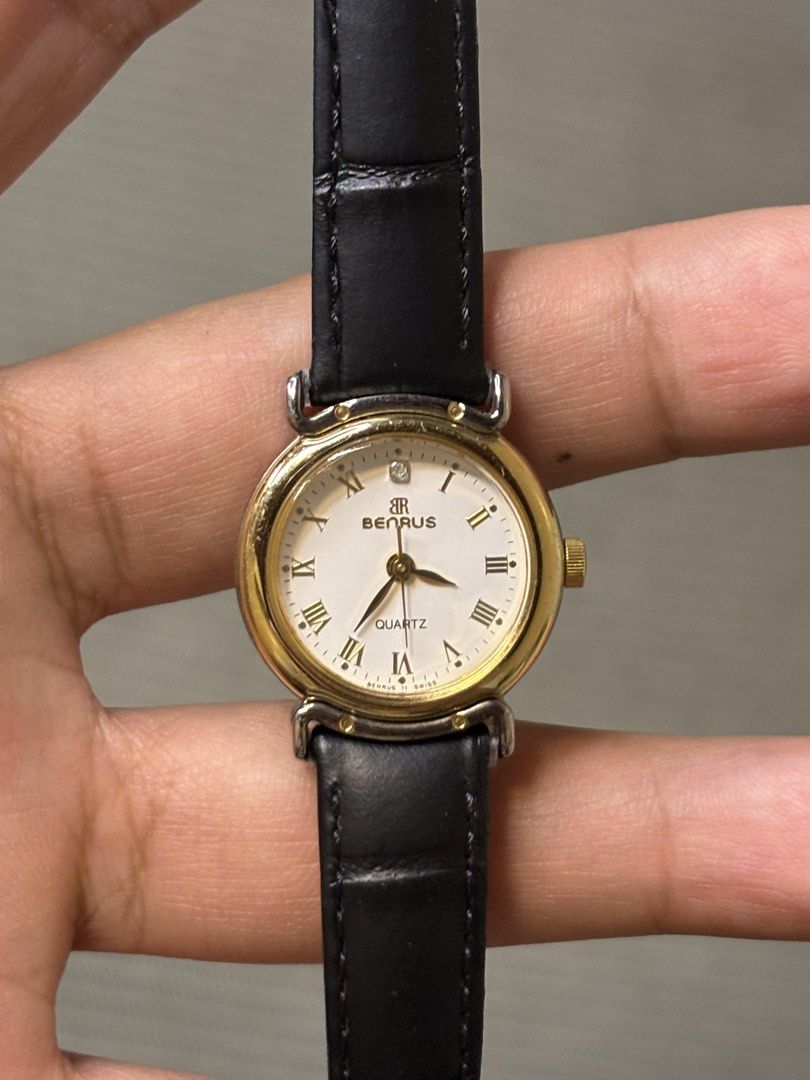 Benrus Ladies Roman Dial (Category: Women's Watches) located in Manila. Submitted by soughtafterseconds (Listing ID 1465372613, Image 1). Description: Benrus Ladies Roman Dial This Benrus Ladies Gold-Tone Diamond Accent Roman Quartz Watch (Ref. 508.980.2) is a dainty piece of 1980s-to-1990s dress horology, pairing classic Cartier-adjacent Roman aesthetics with an ornamental lug construction. Founded in New York City in 1921 by Romanian immigrant 