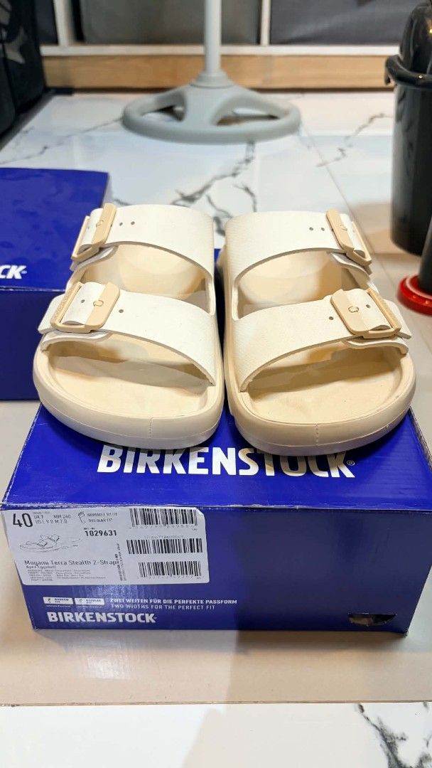Birkenstock Mogami Terra Stealth 2-Strap Apex Eggshell Size 40 (Category: Slippers & Slides) located in Imus. Submitted by alecsssss (Listing ID 1465201050, Image 1). Description: - Model: Birkenstock Mogami Terra - Colorway: Apex Eggshell - Size: 40 Regular Fit - Design: Dual-strap with adjustable buckles - Features: Water-resistant, rugged outsole built for the outdoors - Inclusions: Original blue box included.