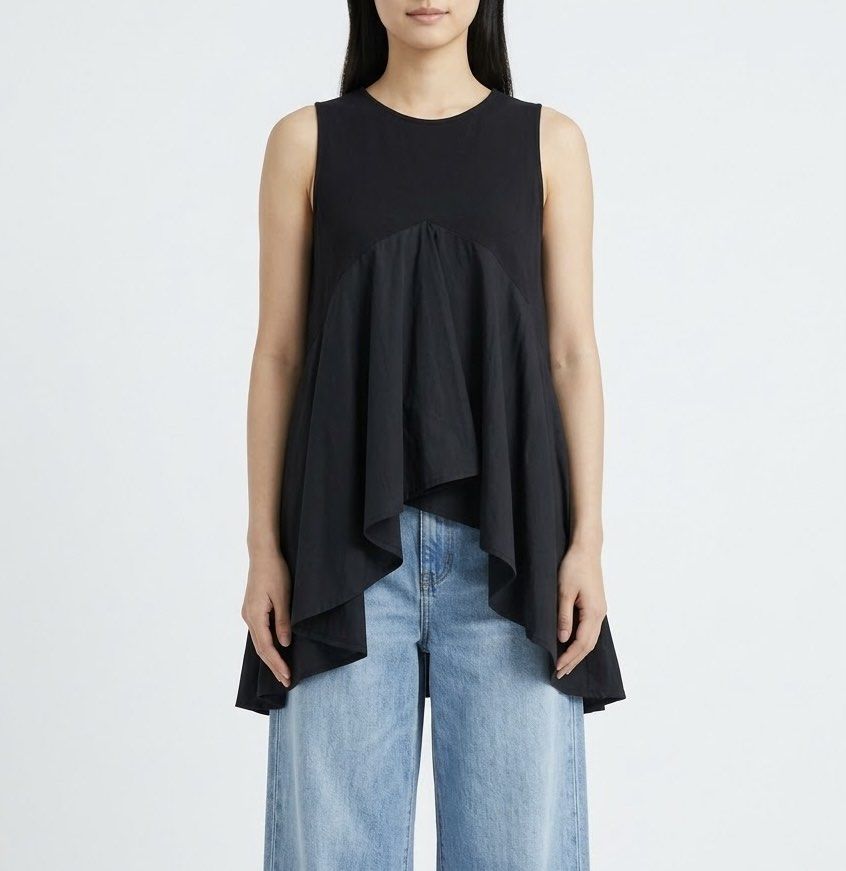 Black Asymmetrical Sleeveless Top (Category: Sleeveless) located in Caloocan City. Submitted by declutteringph. (Listing ID 1465214938, Image 1). Description: No Size on the tag! Measurements: Dimension (inches) Bust Width: 16” Body Length: 22” - 34” .