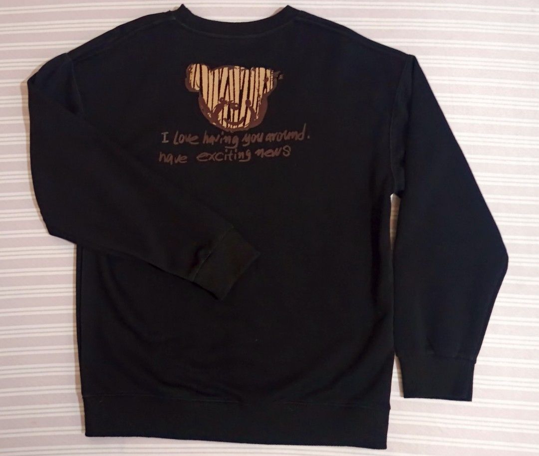 Black Graphic Bear Sweatshirt Size M (Category: Coats, Jackets and Outerwear) located in Manila. Submitted by reysfindsph (Listing ID 1465196789, Image 2). Description: - Style: Casual black sweatshirt with cute teddy bear graphics - Details: Features "CONTROLO ME" and "I love having you around" text on front and back - Size: Medium (170/88A) - Material: Comfortable 100% cotton - Features: Long sleeves, ribbed cuffs, and hem - Condition: Brand ne