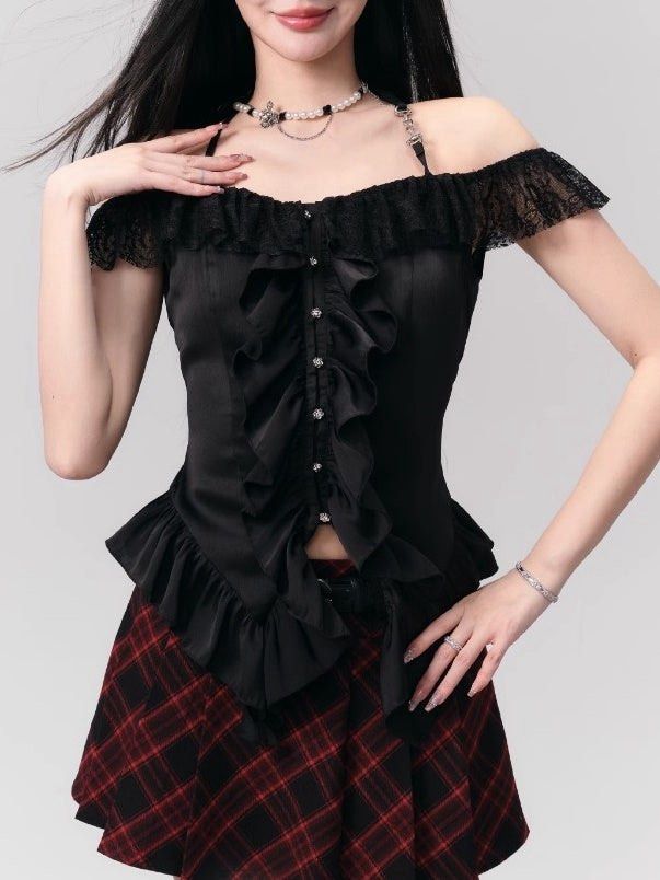 Black Lace Trim Ruffle Cold Shoulder Halter Top (Category: Sleeveless) located in Manila. Submitted by trendify.collections (Listing ID 1465233997, Image 3). Description: OFFER PRICE (4k orig price) - not rush size s-m .