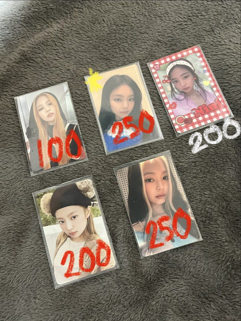 Blackpink Jennie Assorted Photocard (Category: K-Wave Merchandise) located in Quezon City. Submitted by raeakashi (Listing ID 1465224766, Image 1). Description: Refer to picture for prices each photocard. Prices are negotiable if getting 2 or more. Pc with yellow mark - has discoloration and fading at the back of the pc. Will send photo upon inquiry in chat.
