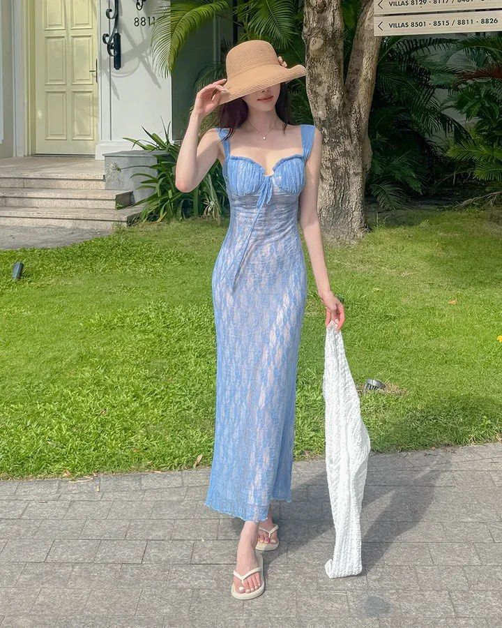 Blue Lace Maxi Dress with Ruched Bust (Category: Dresses) located in Santa Rosa. Submitted by martess (Listing ID 1465219868, Image 2). Description: - Light blue floral lace maxi dress with nude lining - Sweetheart neckline with underwire cups, ruching, and cute drawstring tie - Thick supportive straps and flattering form-fitting silhouette - Ideal for beach getaways, vacations, or weekend dates.