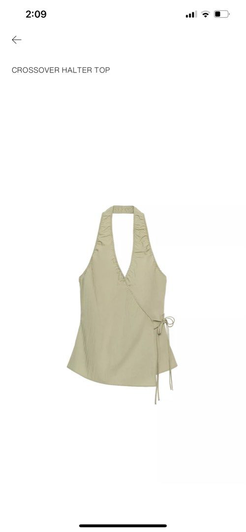 BNWT Zara Crossover Halter Top Sage Green (Category: Sleeveless) located in Davao. Submitted by julyanna522 (Listing ID 1465221993, Image 1). Description: - Brand new w/ tag - Color: Sage green - Style: Crossover halter top with V-neckline - Fit: True to size with adjustable side ties and garterized back (stretchable) - Available size: Large - For reference: wearing a size medium in the pic and I’m waist 27 bust 32 - + ₱50 sf.