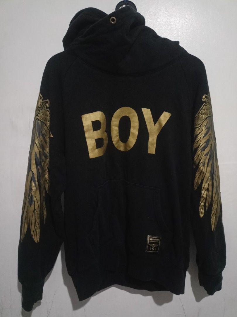 BOY LONDON HOODIE (Category: Coats, Jackets and Outerwear) located in Quezon City. Submitted by homeofshoppers (Listing ID 1465379780, Image 1). Description: 8/10 Color rate (Black/Gold), No crack print, need wash only.