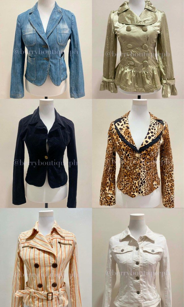 Branded blazer clothes (Category: Coats, Jackets and Outerwear) located in Manila. Submitted by toastybread (Listing ID 1465297410, Image 1). Description: 380 each Small to medium Branded blazers (ch@nel, transwork,m@rc jac0bs, chl0é, veeko).