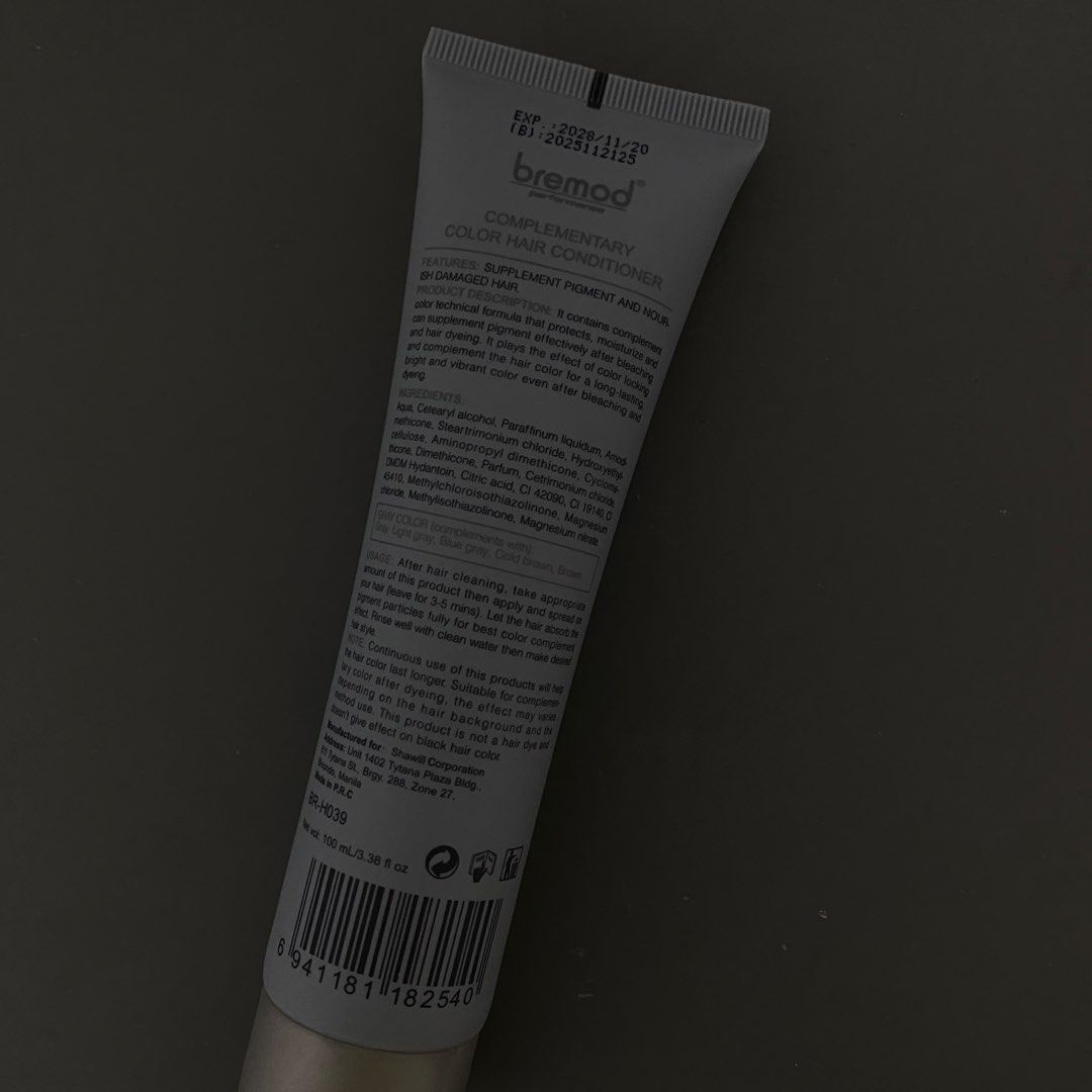 bremod complementary color hair conditioner (gray) (Category: Hair) located in Marikina City. Submitted by glossgirl (Listing ID 1465322726, Image 2). Description: LAST PRICE ALREADY condition : brand new sealed terms & conditions 𓏸 do not claim if sensitive or hesitant. 𓏸 i am not liable for any damage, delay, or loss caused by the courier. i no longer have any control over the package once it’s already shipped out. 𓏸 strictly no return or re